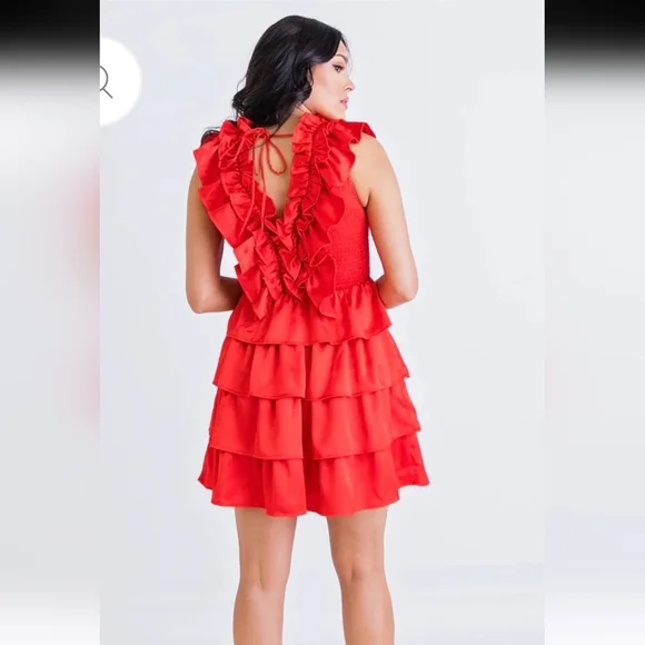 KARLIE Satin Ruffle Smock Dress in Red. Size  M NWOT - Picture 13 of 14